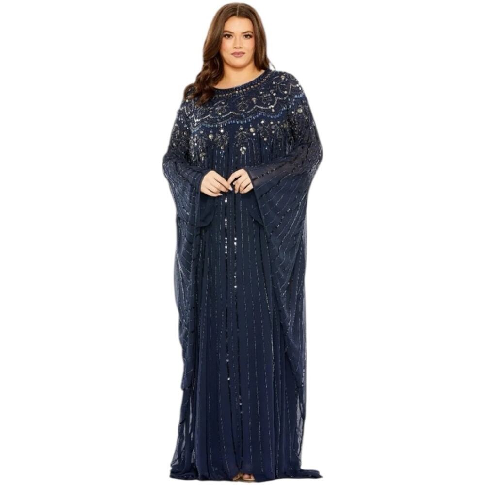 Mac Duggal Navy Embellished Long Sleeve Trapeze Gown Size 22W Style 93875 NWT